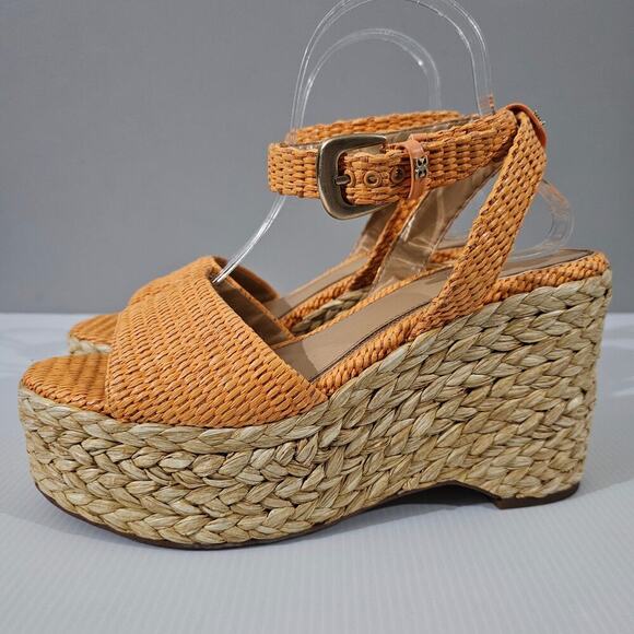 NEW Sam Edelman April Wedge Womens 9.5 Mari Gold Orange Raffia Platform Sandal - Picture 1 of 13